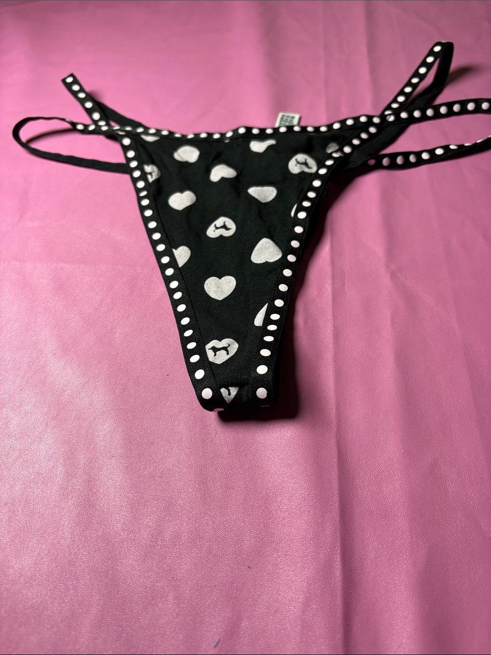 PINK Victoria's Secret Black Thong Panty with White Heart Print